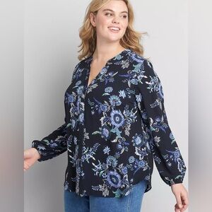 Lane Bryant Black Floral Notched Neck Women's Button-Up Blouse- Size 20 or 2X